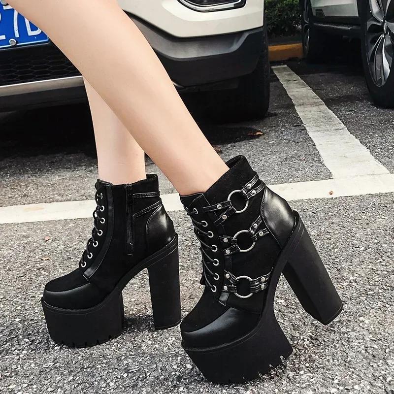 Women High Thick Heel Short Boots Lady Waterproof Platform Punk Shoes Nightclub Evening Party Boot Side Zipper Ankle Boots