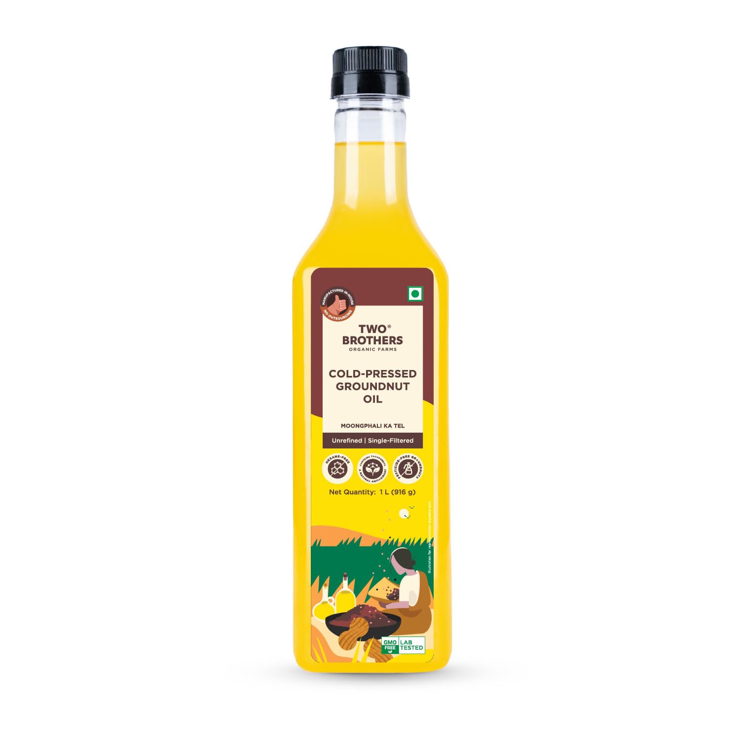 Two Brothers Organic Farms Cold Pressed Groundnut Oil 1L Unrefined Peanut Cooking Oil for Deep Frying Pack of 1