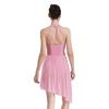 Womens Applique Lyrical Dance Dresses Halter Strappy Back Asymmetrical Hem Shiny Rhinestones Leotard Dress