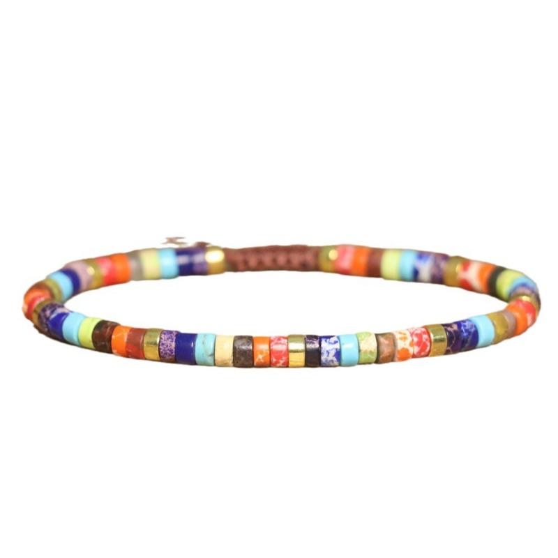 Rainbow Chakra Heishi Bead Bracelet – Gold Accent Adjustable Boho Jewelry, Balance Joy Gift for Men & Women