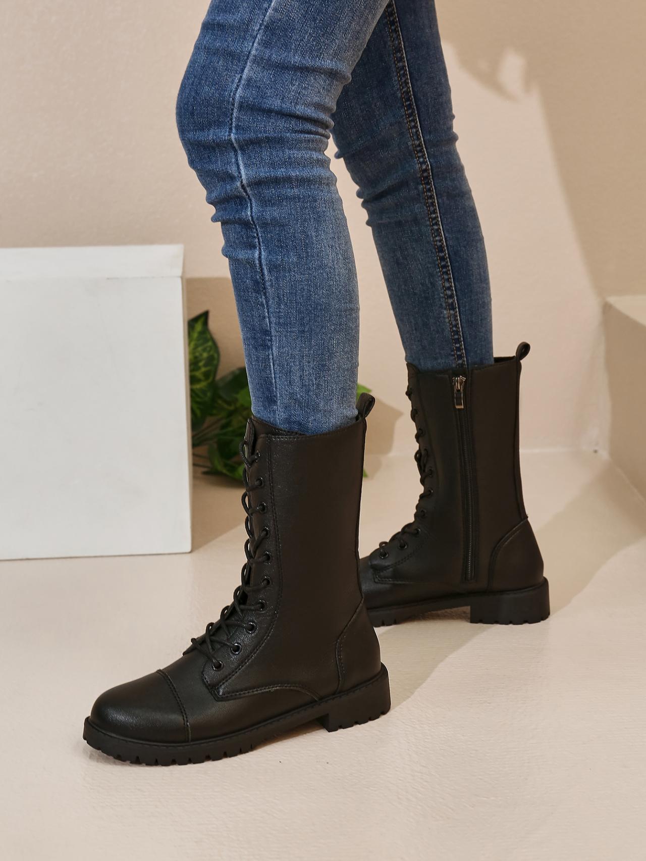 

Модная женская обувь Модные женские ботинки на шнуровке и молнии Осенние ботинки с круглым носком Однотонные короткие туфли на низком каблуке Универсальные ботинки 41 чёрный