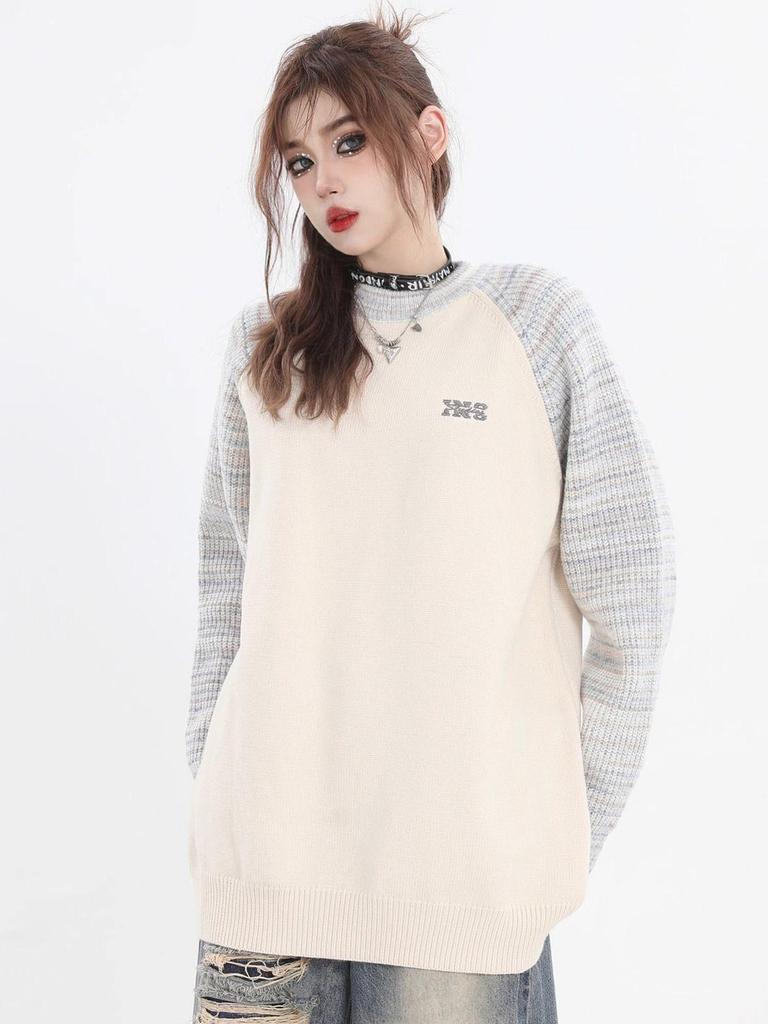Unisex High-End Color Block Round Neck Sweater – Soft, Glutinous Knit with a Trendy, Relaxed Style