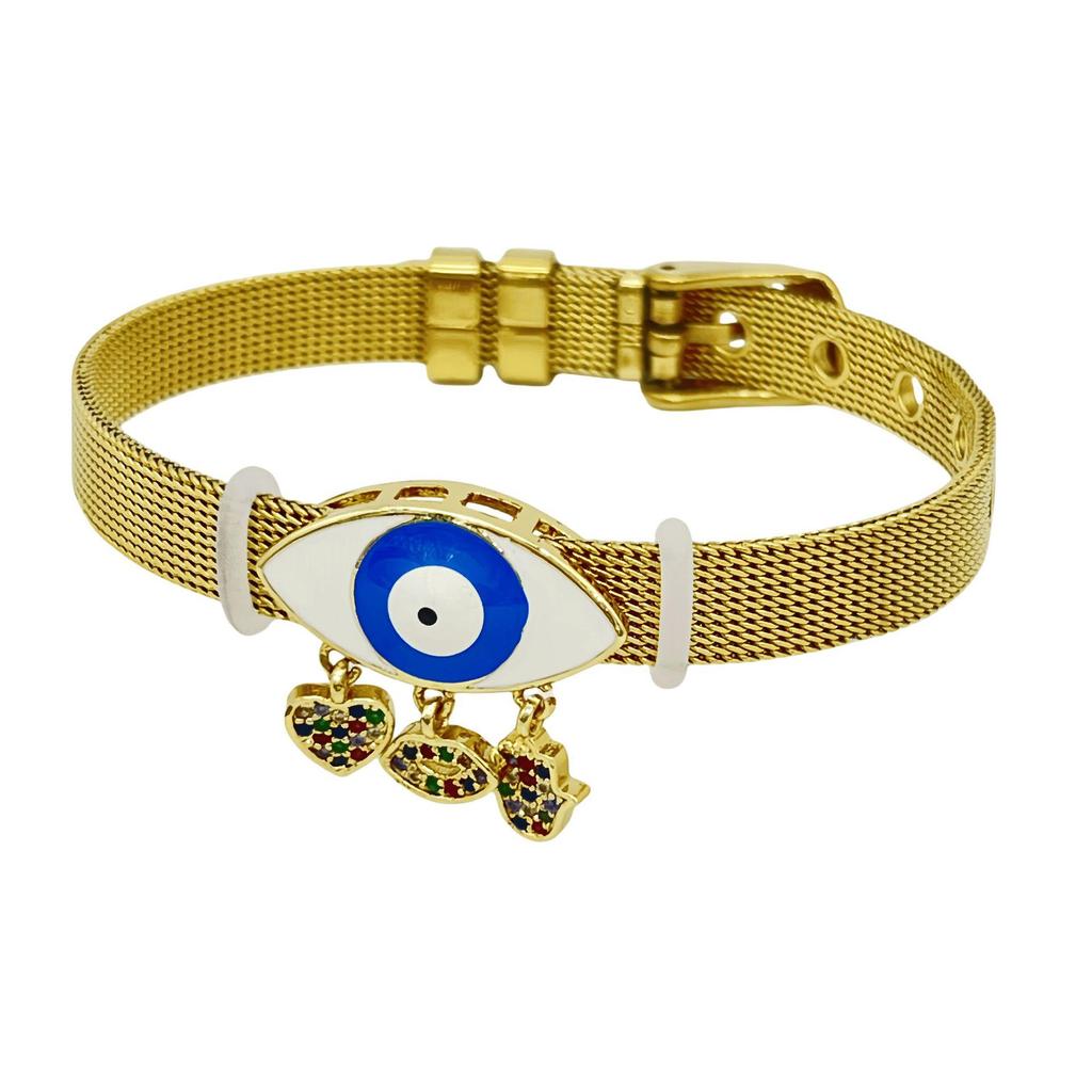 Stainless Steel Watch Band with Devil's Eye Zircon Bracelet - Stylish European and American Fashion Jewelry