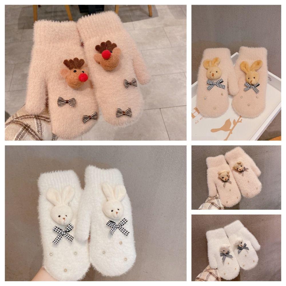 Thicken Bow Plush Gloves Full Finger Mittens Cute Gloves Creative Student Knitted Gloves  Female