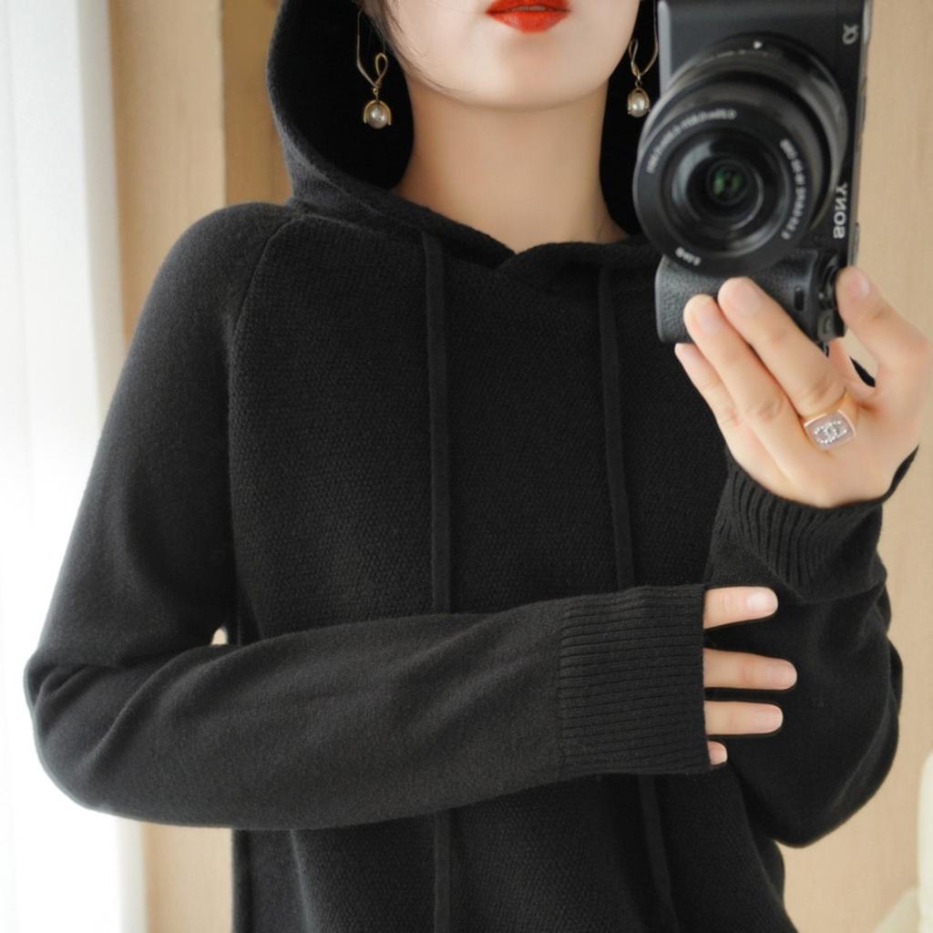Women's Hooded Long Sleeve Loose Fit Knit Sweatshirt Solid Color Casual Pullover Winter Top