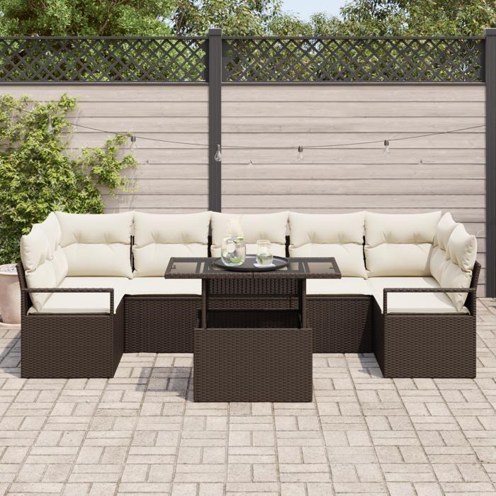 Set de Canapé de Jardin 8 Pièces avec Coussins Marron Rotin Poly, Canapé de Jardin 2 Places avec Coussins Marron Rotin Poly 3348774