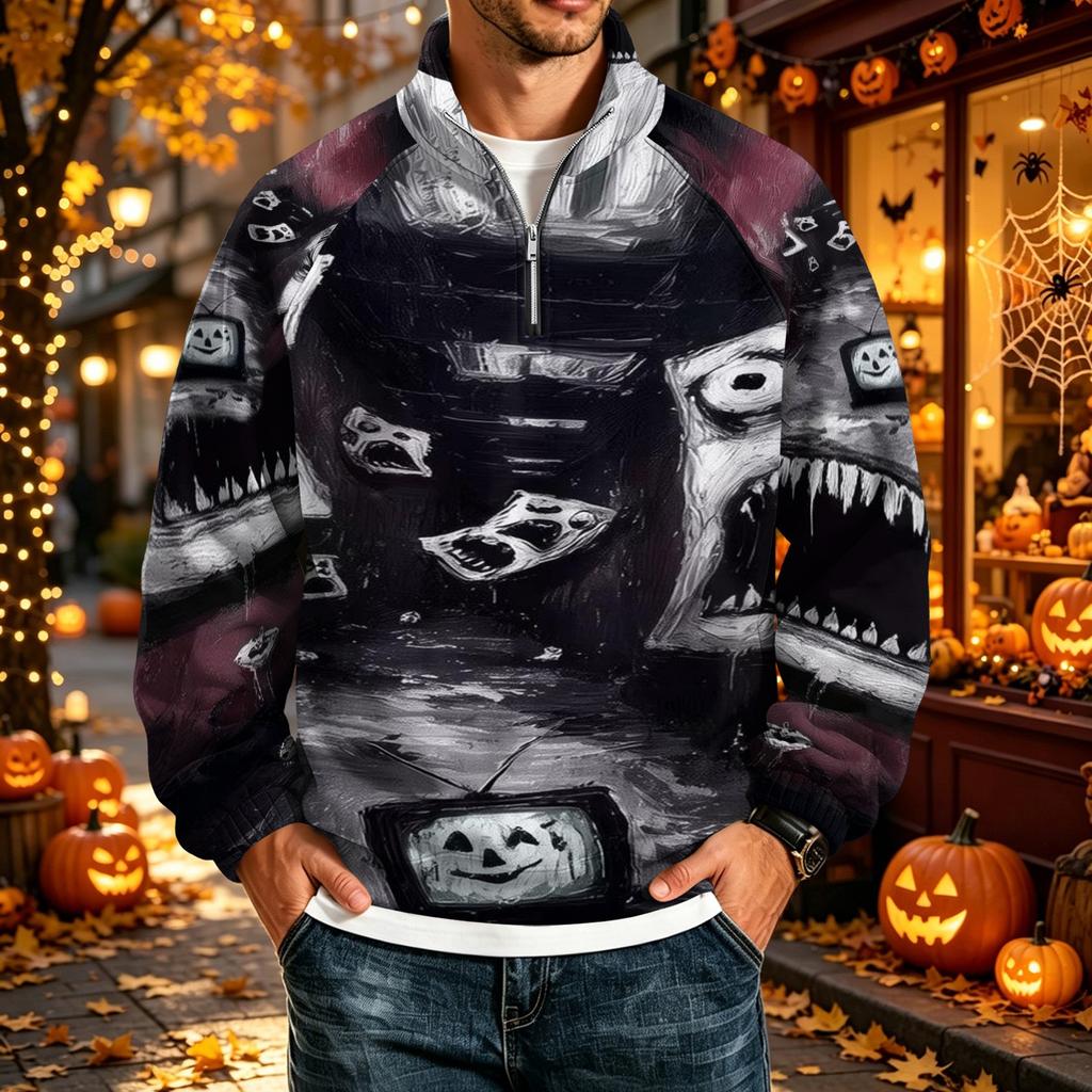 Men's Loose Fit Raglan Sleeve Sweatshirt with Stand Collar and Halloween Print for Parties and Daily Wear