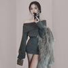 "American Hot Girl Fashion One-Shoulder Knitted Short Sweater Dress for Women - Autumn/Winter"