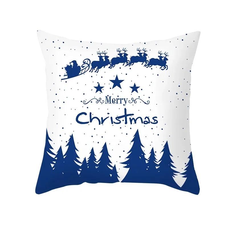 Blue Christmas Cushion Cover Christmas Elk Snowflake Print Pillowcase Sofa Ornaments Bedroom Home Decor New Year Gift
