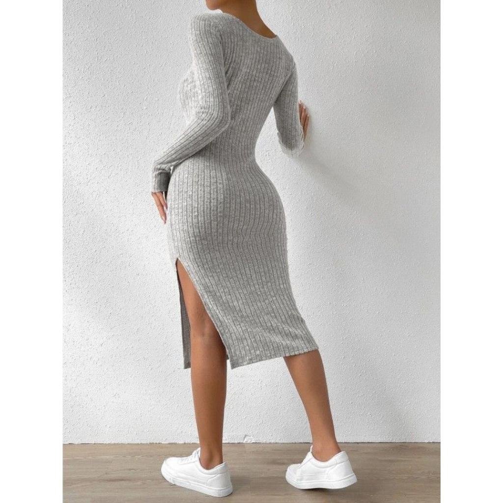 Women's Fall Winter New Arrival Square Neck Long Sleeve Bodycon Slit Knit Midi Dress, Casual Party Evening Dress for Women
