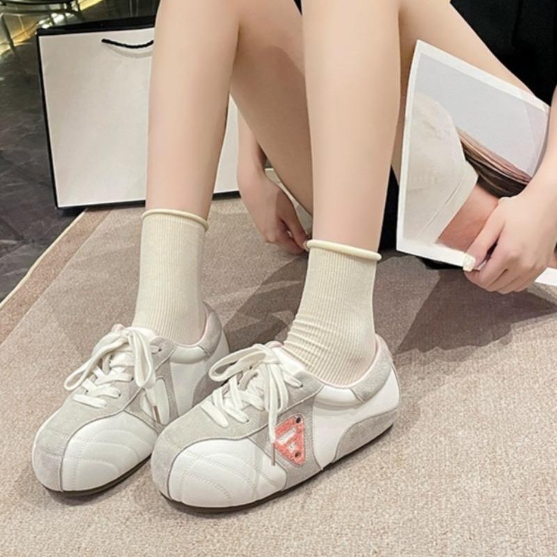 Mode Ballerinas Herbst Neu Runde Zehenpartie Colorblock Schnürung vorne Weiche Sohle Rutschfest Abriebfest Sneaker