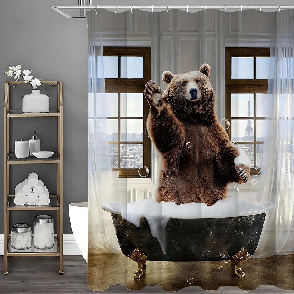 Brown Bear Standing In Bathtub Saying Hello Fun Shower Curtain, Bathroom Decorative Shower Curtain, Waterproof Shower Curtain Wi