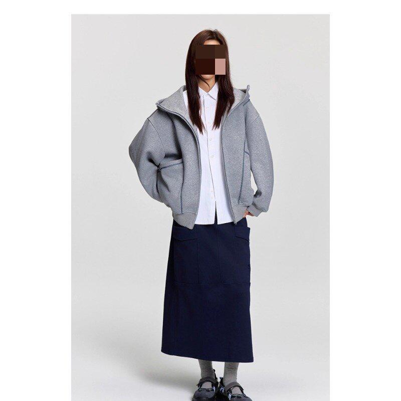 Unisex Trendy Heavyweight Hooded Cardigan with Contrast Stitching