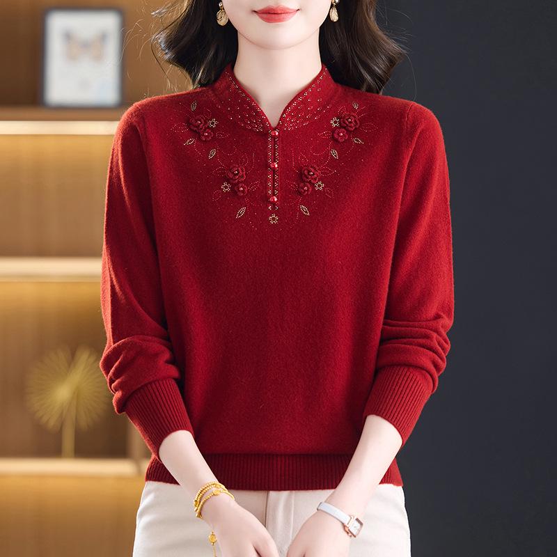 

Stylish Qipao Collar 100% Wool Sweater for Middle-Aged & Elderly Women - Warm Winter Knitwear 2XL (recommended 125-135 jin)