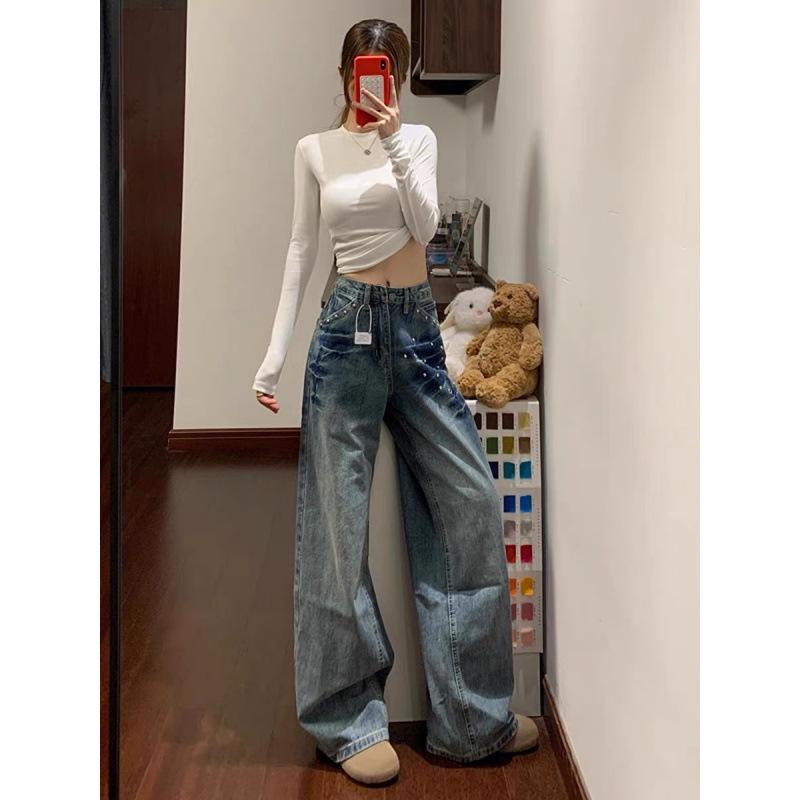 Women's High-Waisted Washed Rivet Wide-Leg Jeans - Autumn/Winter Floor-Length, Comfortable, Versatile, Slimming Straight Pants