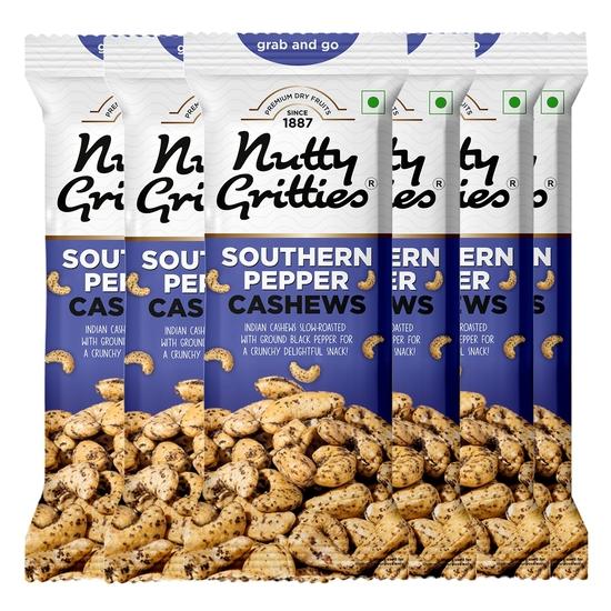 Nutty Gritties Premium Jumbo Size Southern Pepper Cashew Nuts 240g, Natural Flavoured Whole Cashew  | Zero Breakage  | Each Pouch 40g | Pack of 6 240GM