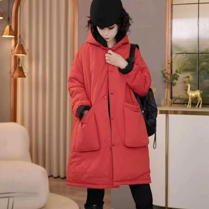 Casual Double-Sided Wear Hooded Cotton Jacket Women Winter Parka Thiened Loose Mid-Length Color Cotton Coat