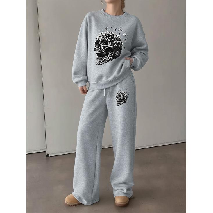 Damen Crewneck Sweatshirt & Hose mit Kordelzug und geradem Bein 2-teiliges Set, Lässiges Set mit auffälligem Totenkopf-Print, Entspannte Passform & Vielseitige Freizeitkleidung