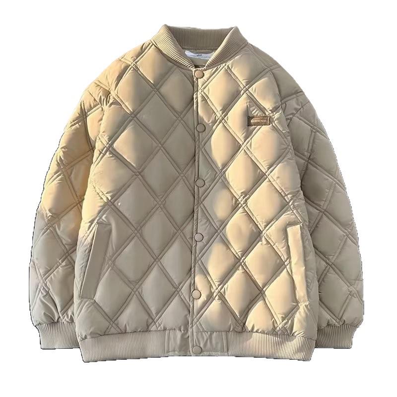 Winter Diamond Pattern Cotton Baseball Jacket: American Retro, Japanese Trend, Loose Fit, Thickened Cold Protection for Couples