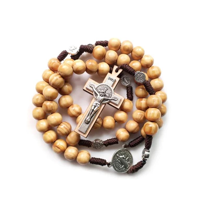 1pcs Brown Wood Beads Strand Necklace Jesus Cross Weave Rosaries Catholic Religious Jewelry