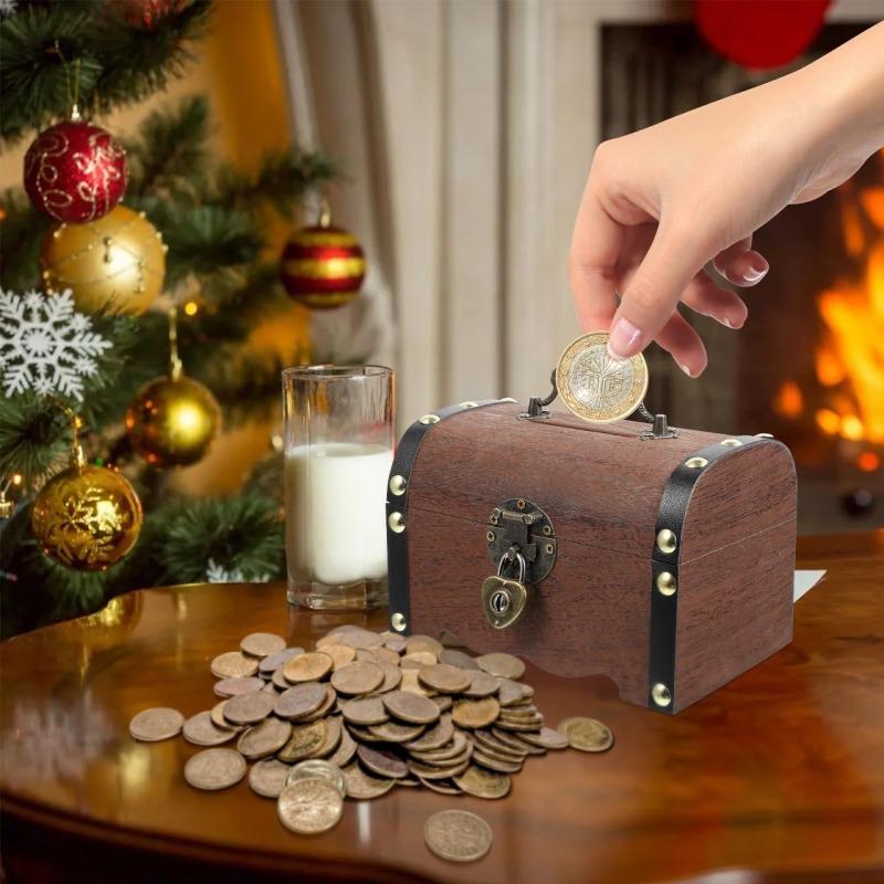 Vintage Treasure Chest Lock Box, Coins and Valuable Items Plastic Storage, Light Brown Bank Items with Locks for Children