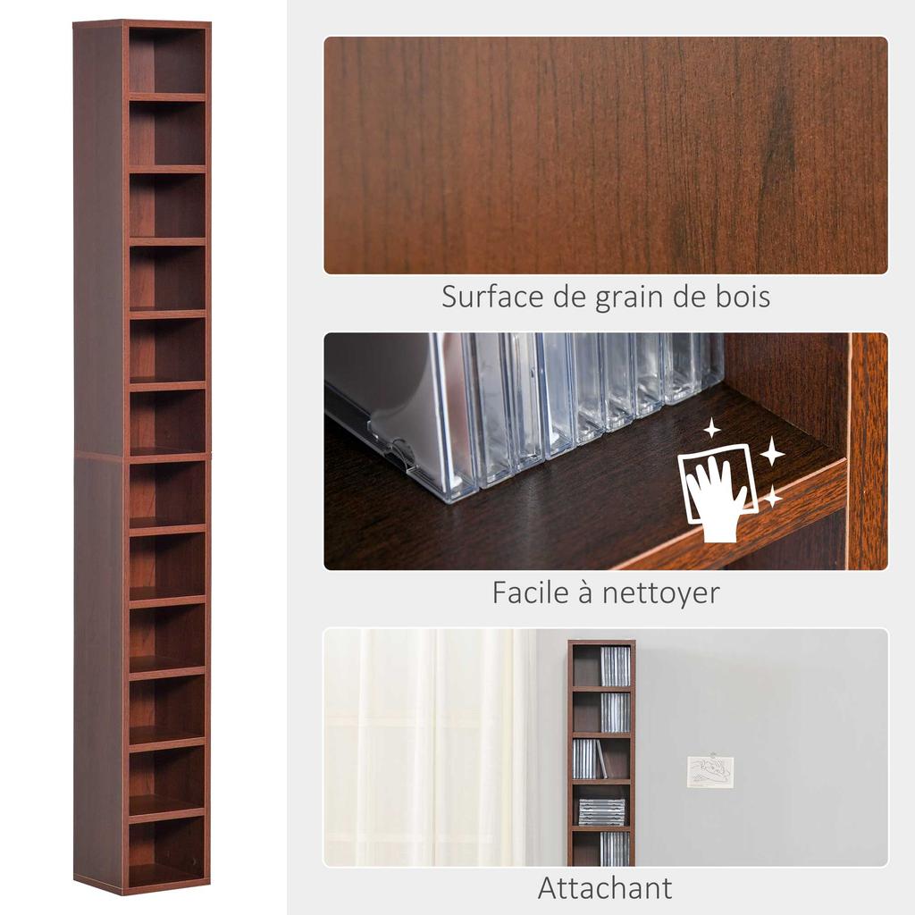 Almacenamiento de CD y DVD, Estantería Columna de Almacenamiento, Armario de Almacenamiento con 12 Compartimentos, Máx. Capacidad 204 CDs, 21 x 20 x 175 cm, Marrón