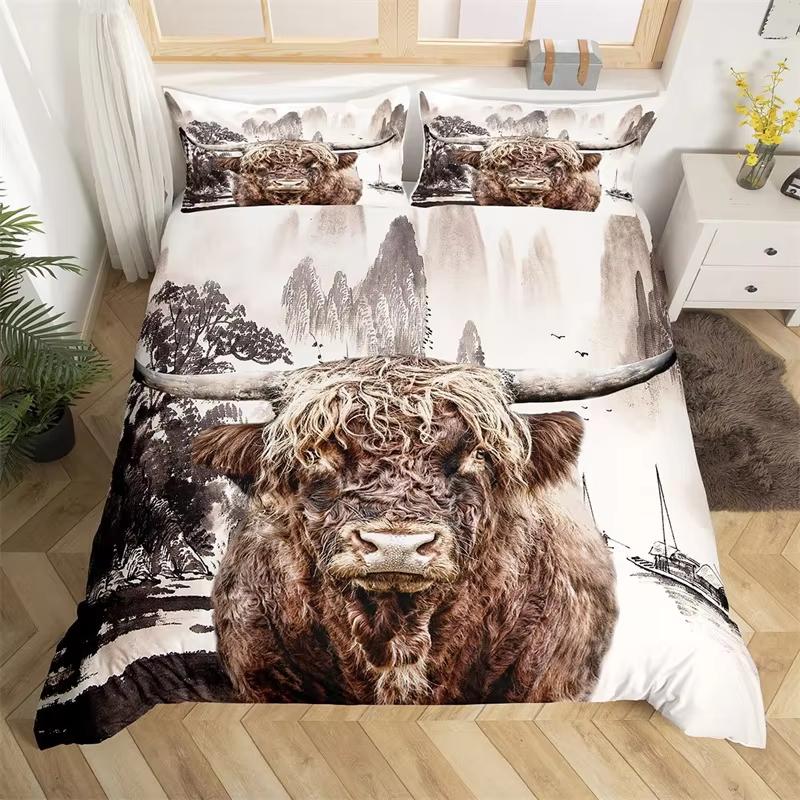 Highland Cow Duvet Cover Western Farmhouse Animal Bedding Set Microfiber Farm Bull Cattle Floral Comforter Cover Twin King Size