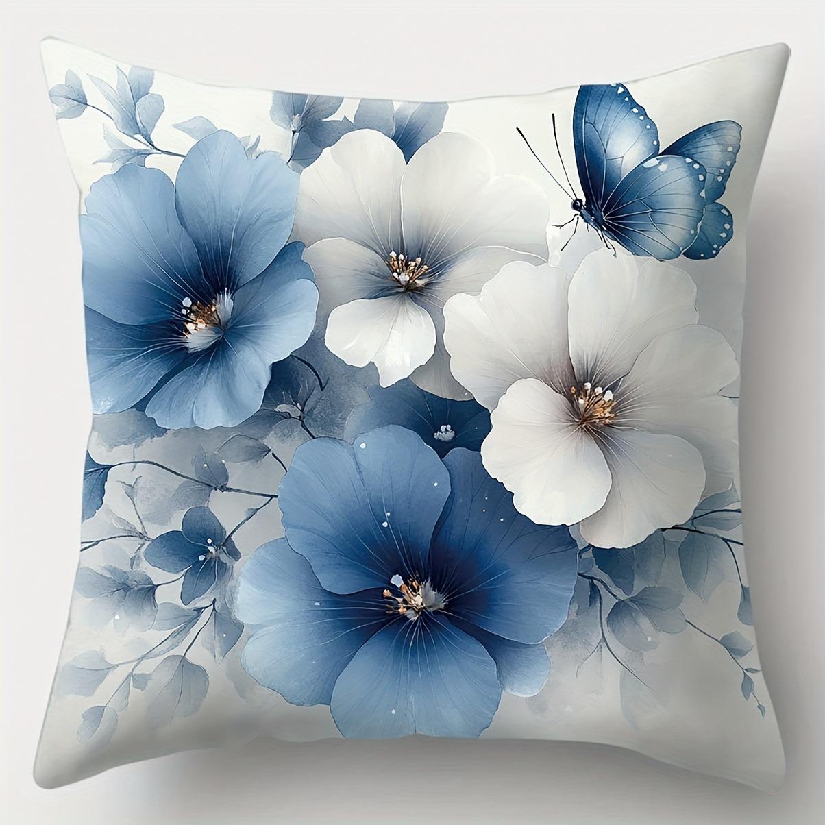 

Синие и белые наволочки с цветочным рисунком и бабочками, чехол для украшения спальни, дивана, полиэстеровая наволочка на подушку с молнией 16x16Inch