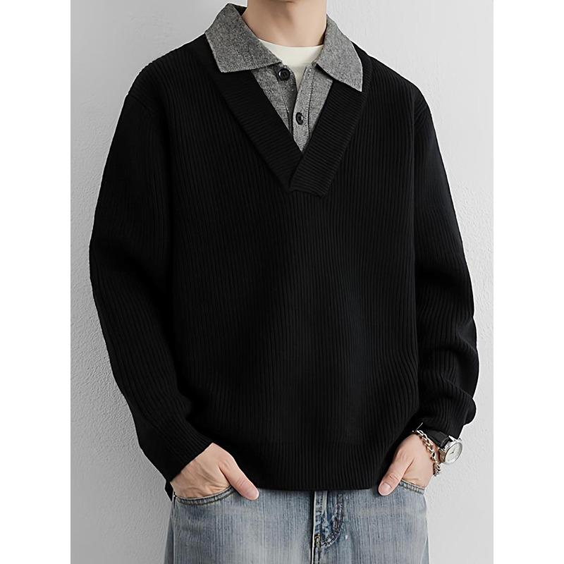 Men s Two-Piece Color Block Knit Lapel Sweater - Trendy, Casual, Versatile Fashion Top 2XL чёрный