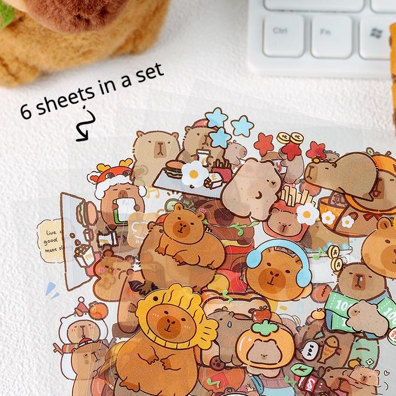 6 Sheets Cute Capybara Stickers - Transparent Waterproof for School Supplies, Planner & Journal