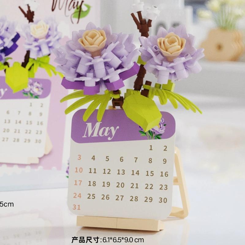 Latest Diy Calendare Time Date Flower Rose Sunflower Phalaenopsis Plum Blossom Construction Blocks Kit  Blocks Model Kids Plaything Gift
