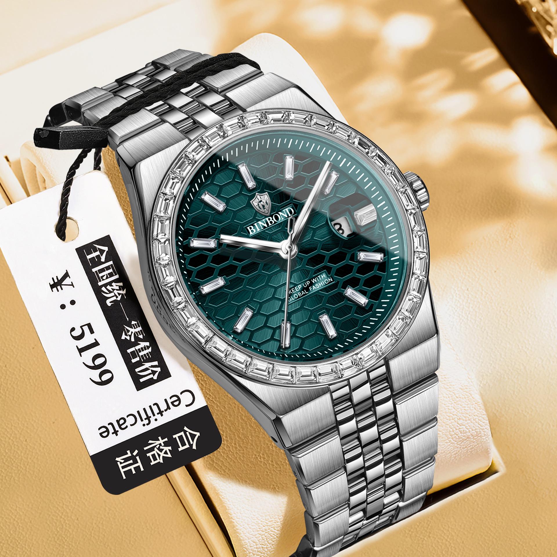 Binbang BINBOND Men s Fashion Diamond-Inlaid Stainless Steel Luminous Waterproof Calendar Watch
