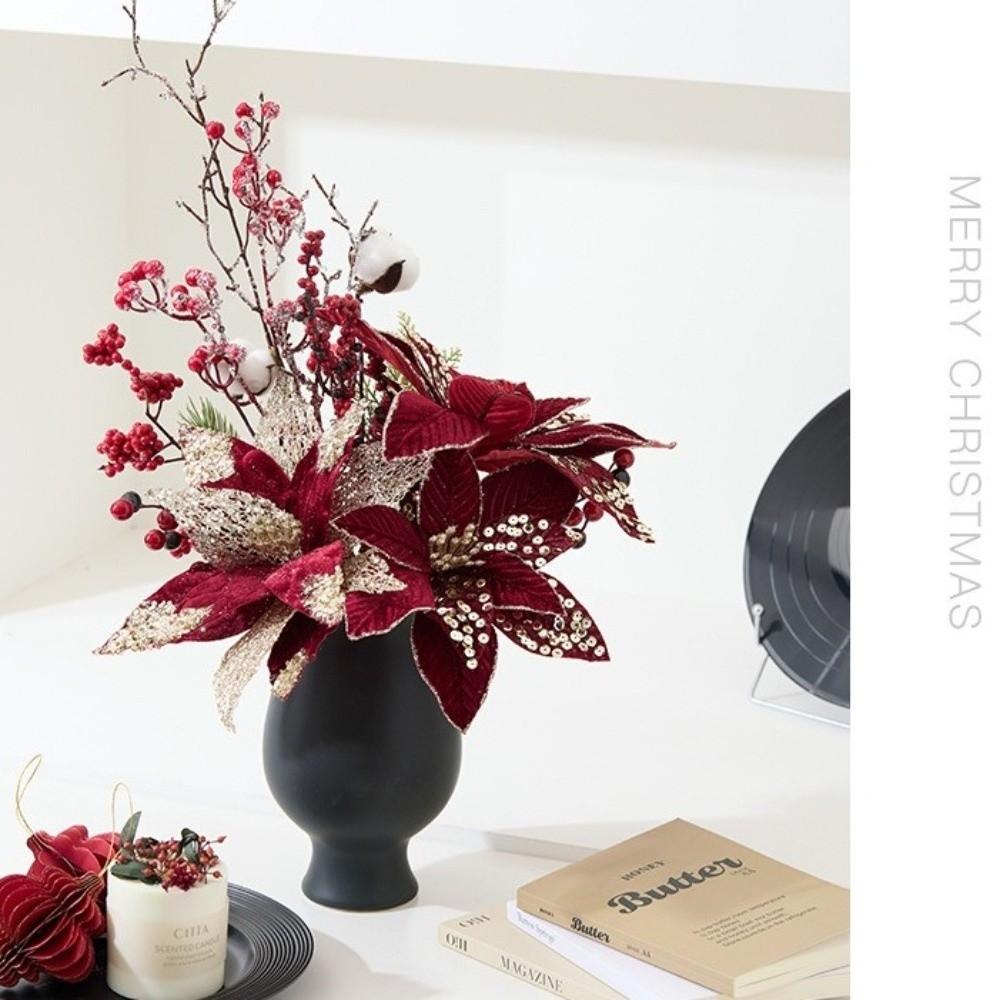 New 25CM Artificial Poinsettia Flower Sequins Glitter Simulation Flowers Sparkling Christmas Glitter Flower New Year Festival