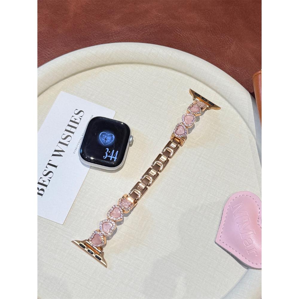 

Heart Copper Zircon Shell Metal Strap For Apple Watch Ultra 49/46/45/44/42/41/40/38mm, Fashion Metal Bracelet Wristband Series 10 9 8 7 6 5 4 3 2 1 SE 42/44/45/46/49 золотий/Яскраво-рожевий