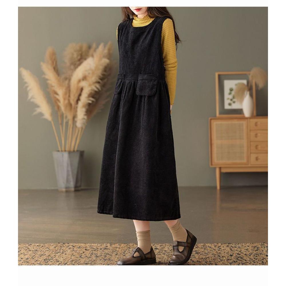 Vestido de Tirantes de Pana para Mujer Otoño Invierno Nuevo Estilo Estilo Retro Pequeño Suelto Largo Medio Camiseta sin Mangas Falda