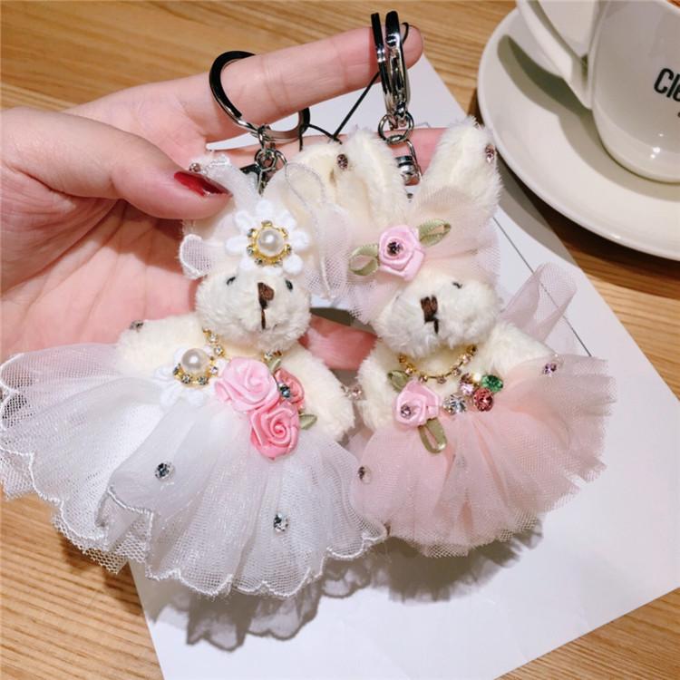 Charming Plush Rabbit Bear Keychain with Bow & Flower - Cute Bag Pendant In Wedding Dress Style