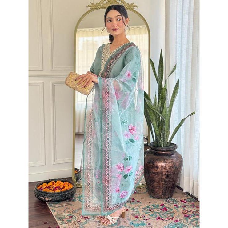 Damen Rayon Bestickter Gerader Kurta mit Hose und Dupatta Sets (Erhältlich in Übergröße)