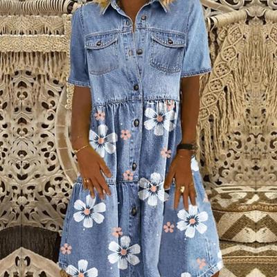 Vintage Women Dress Short Sleeve Single-breasted Pockets Floral Print Loose Denim Dress for Office