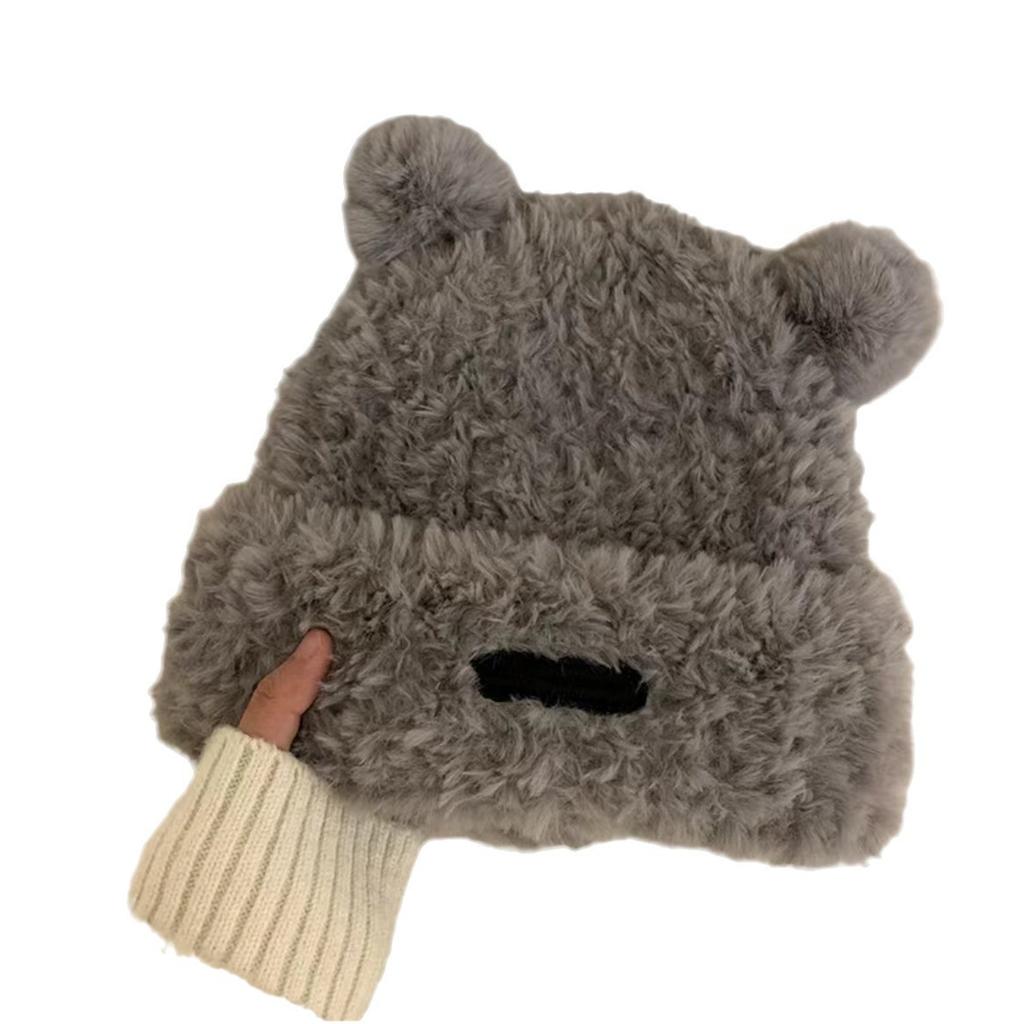 Cute Little Bear Plush Knitted Woolen Cap for Children   New Autumn and Winter Warm Fluffy Headgear and Ear Protecers