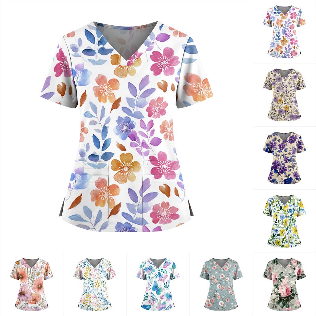 Women's floral print V-neck double pocket short-sleeved uniform/caregiver top with slits at the hem