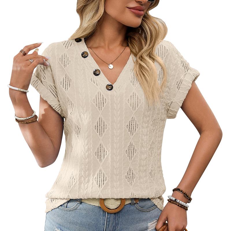 Ladies Summer Short Sleeve Button V Neck Casual Solid Color Lace Hollow Pullover Blouse Shirt Top