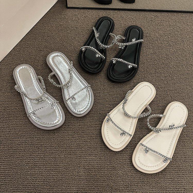 

Rhinestone sandals drag girl summer wear exquisite French fairy evening breeze gentle with skirt flat-bottomed beach niche sandals 40