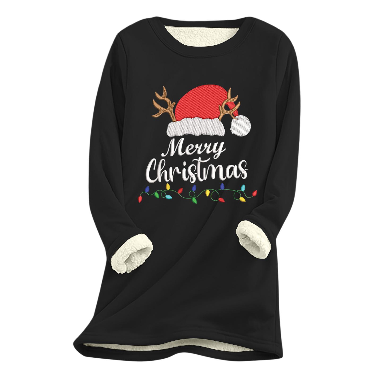 

Women s Christmas Print Thick Plush Lambswool Warm Long Top L чёрный