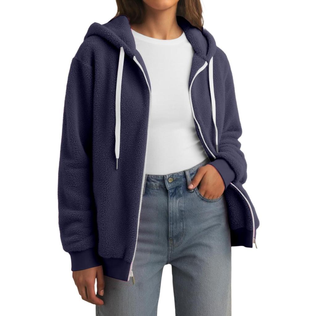 Women's Fashion Stitching Loose Hoodies Long Sleeve Plush Zipper Coat
