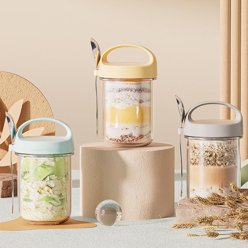 

420 мл Новые чашки для завтрака Овсянка Зерновые Орехи Йогурт Салатная чашка Герметичный стеклянный контейнер для овса с крышкой и ложкой Коробка для хранения продуктов жёлтый