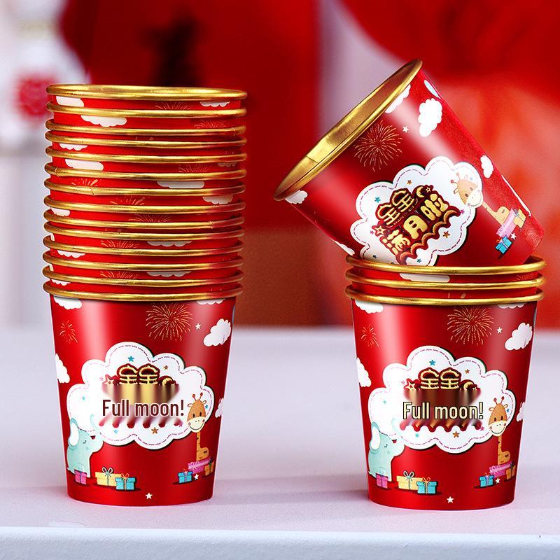 Red Disposable Paper Cups for Baby's Hundred-Day and First Birthday Celebrations with Gold Foil Design