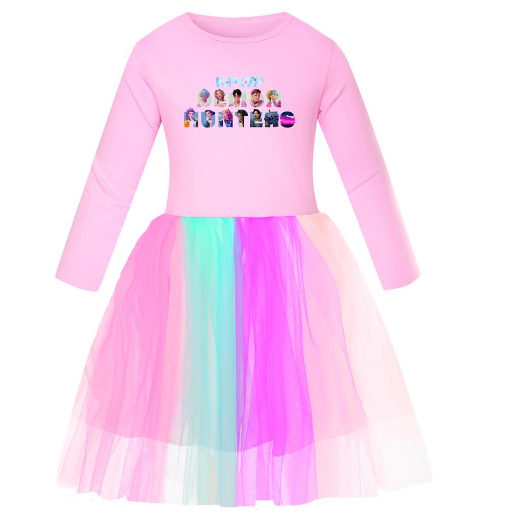 Kinder Mädchen Anime Cartoon POP Sängerin Super Star Rumi Zoey Mira Print Mesh Regenbogen Rundhals Lässiges Baumwollkleid