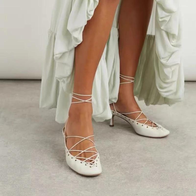 European and American Niche Light Luxury Retro Back Hollow Cross Tie Round Toe Fashion Roman Sandals Women's Ballet Shoes