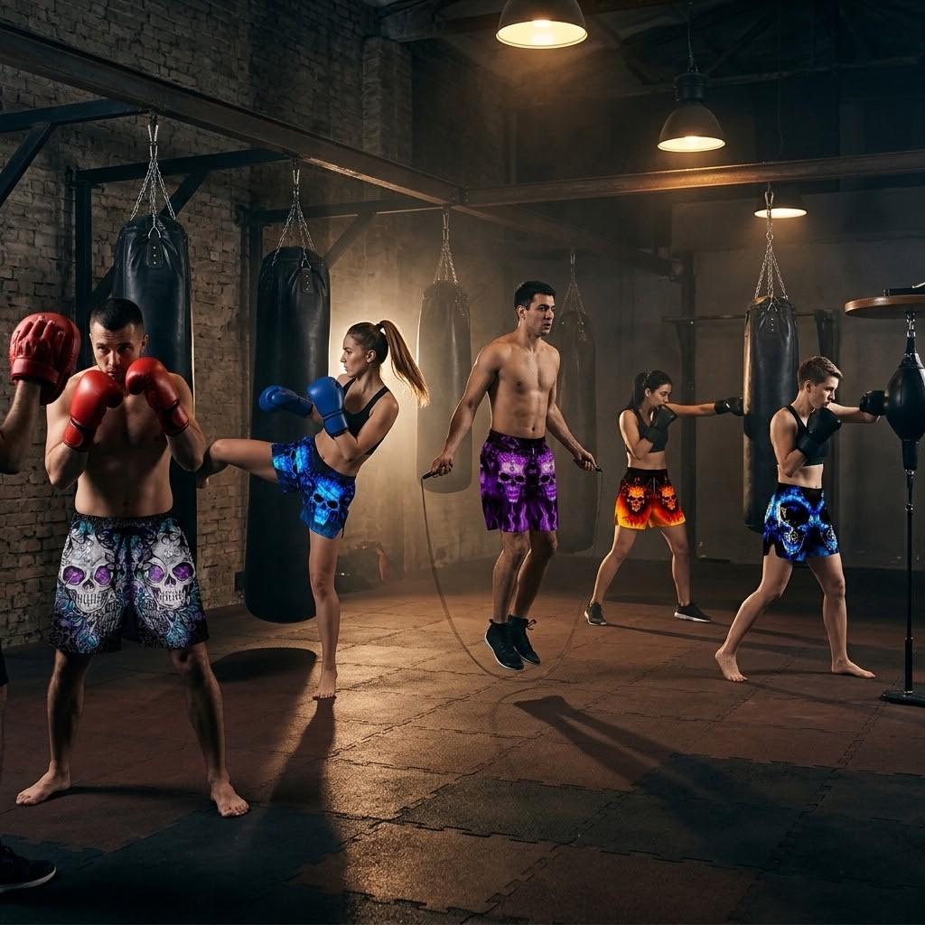 Totenkopf-Print Dämon Geist Dunkles Training Muay Thai Kickboxen Boxen MMA Shorts Unisex Fitnessstudio Fitness Workout Schnelltrocknend Elastischer Bund