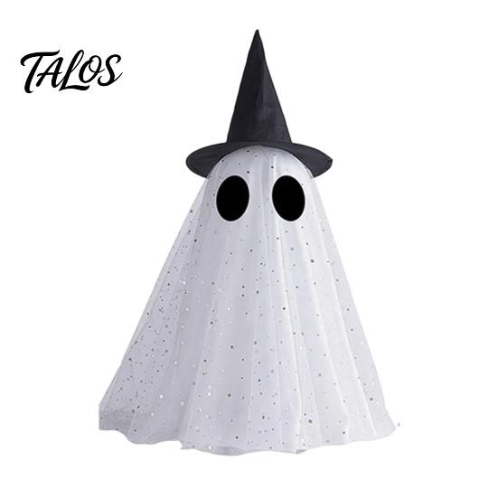 Cute Ghost for Fireplace Mantle Halloween Decor, Spooky Sequin Mesh Fabric with Witch Hat/Bow, Versatile Holiday Window Display Small Standing